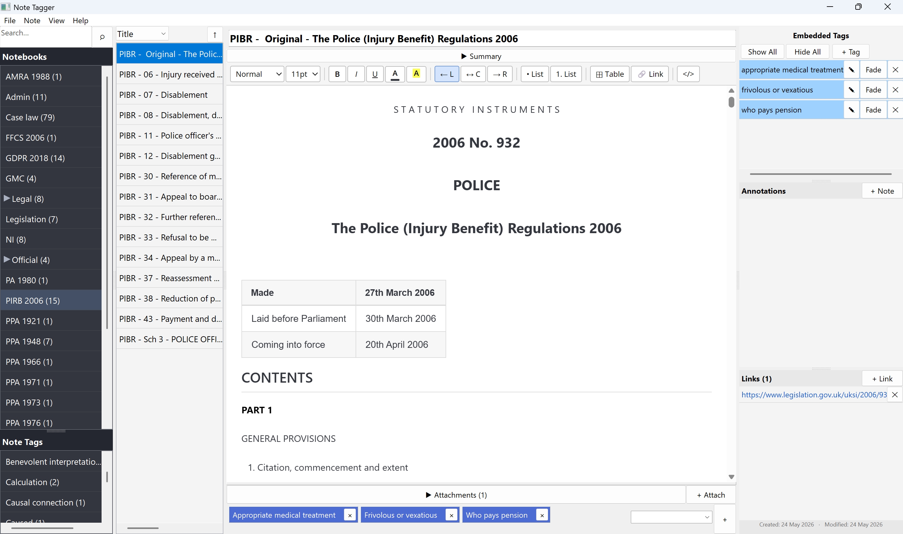 Note Tagger showing a legal reference document with three embedded tags highlighted in the right-hand panel